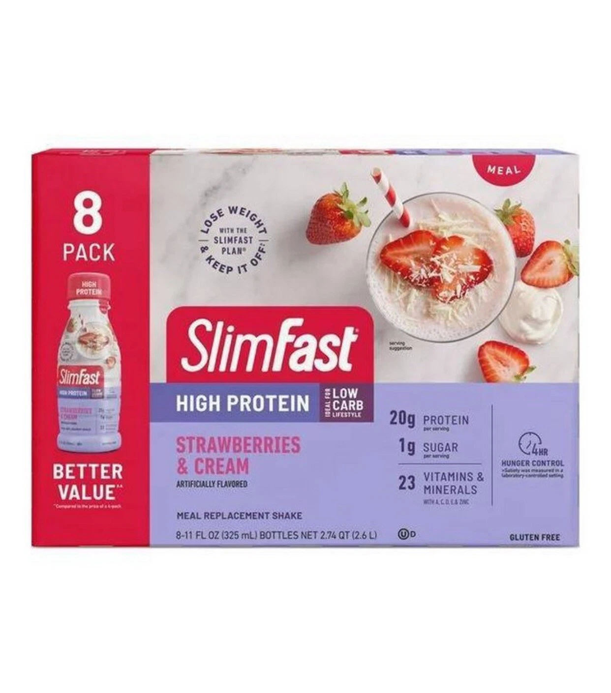 Slim Fast High Protein Meal Replacement Shakes~Strawberries & Cream ~11 oz. 8 pk