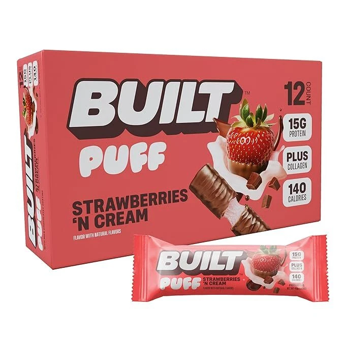 Built Bar, Puff Protein Bars 17g Protein Snacks Strawberries 'N Cream Puff 12 Ct