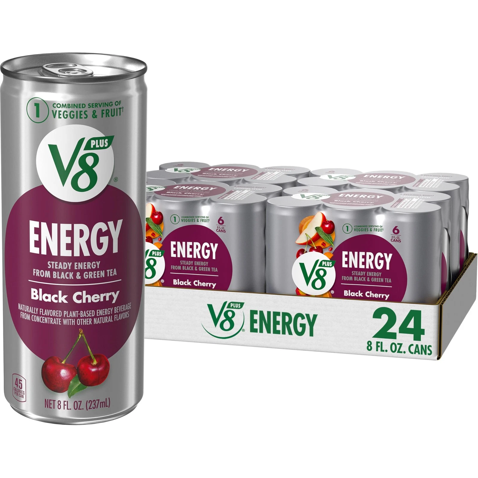 V8 +Energy Black Cherry Juice Energy Drink, 8 fl oz Can (24 Pack)