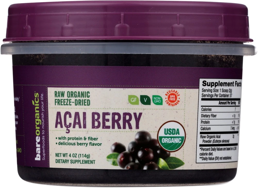 Bareorganics Raw Organic Freeze Dried Acai Berry Powder 4 Oz